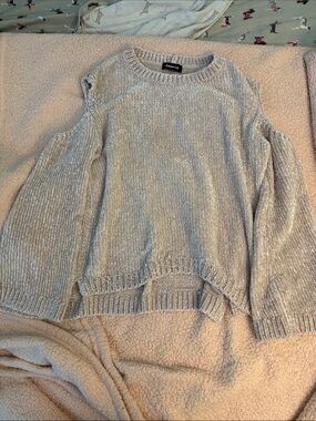 Express Light Gray Cold-Shoulder Chenille Crewneck Sweater